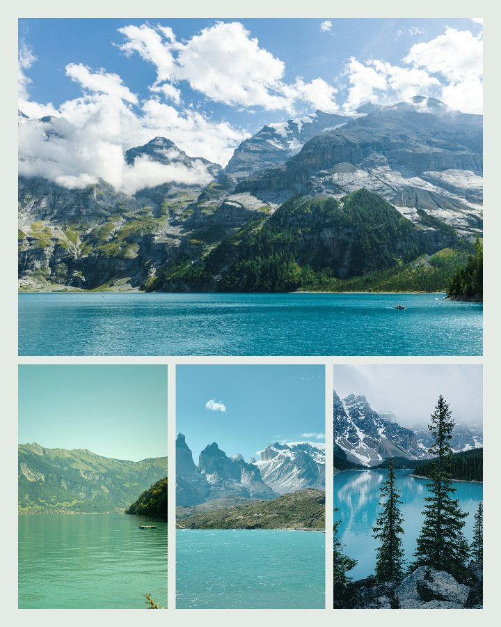 青绿色湖泊与山间风景组成的旅行拼图